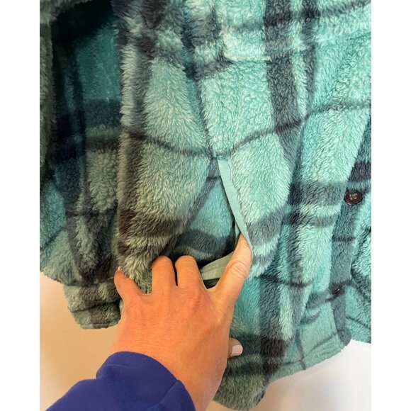 PacSun Homecoming Plaid Button Down Sherpa Shirt Shacket Aqua Gray Womens Md/Lg - Picture 5 of 10
